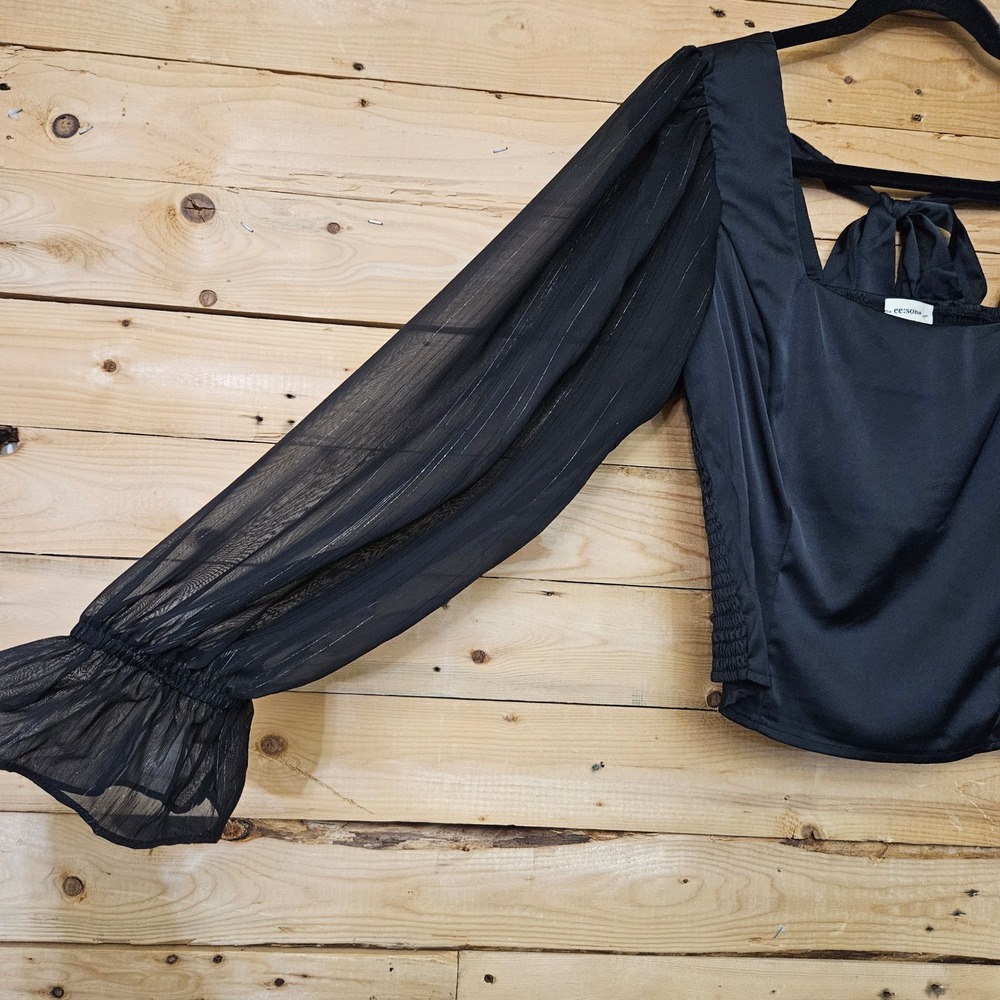 ee:some Black Sheer Balloon Sleeve Smocked Tie Back Crop Top M - Picture 2 of 8